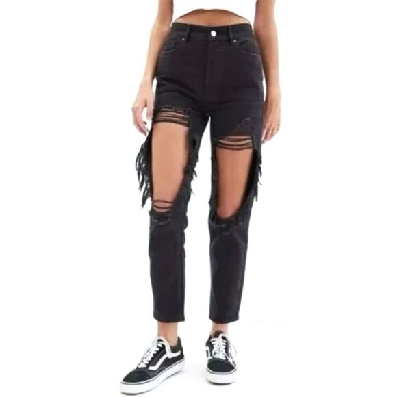 Pacsun Deep Black Distressed Ultra High Rise Slim Denim Jeans Size 26 - Picture 3 of 15